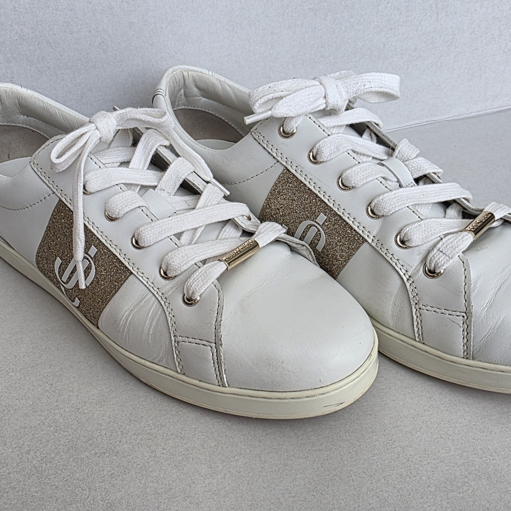 Jimmy Choo Cash White and Gold Women's Sneakers - Picture 6 of 12